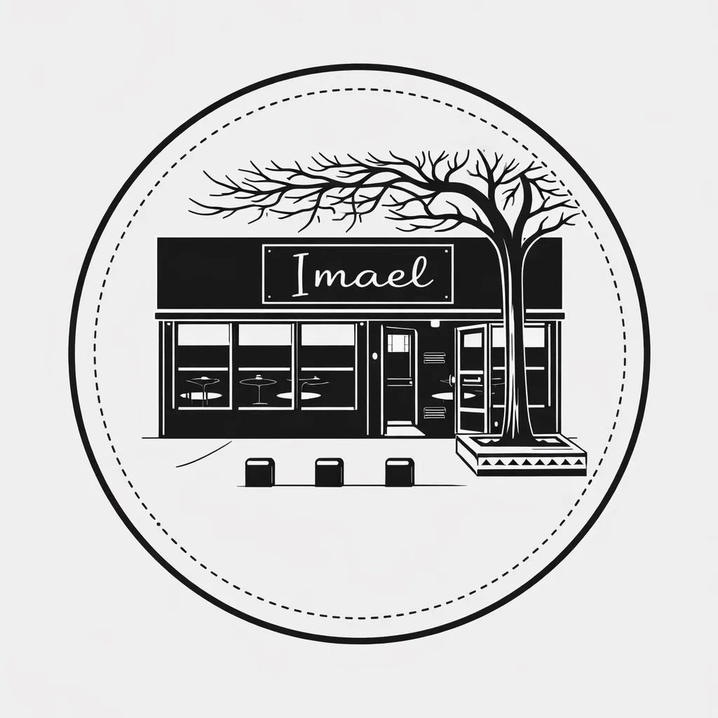 Cafe Imael storefront and bare tree, in a circle